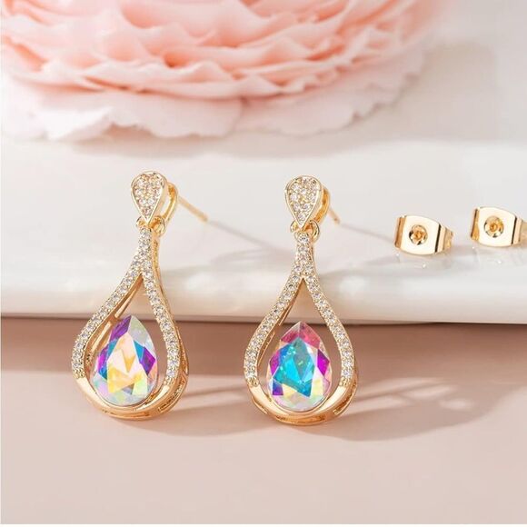 14K Yellow Gold with Iridescent AB Austrian Crystal Halo Teardrop Post Earrings - Picture 2 of 5